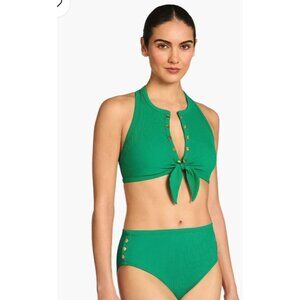 Robin Piccone Amy Bikini Set L Top M Bottom Women Green Ribbed Gold Button NWT